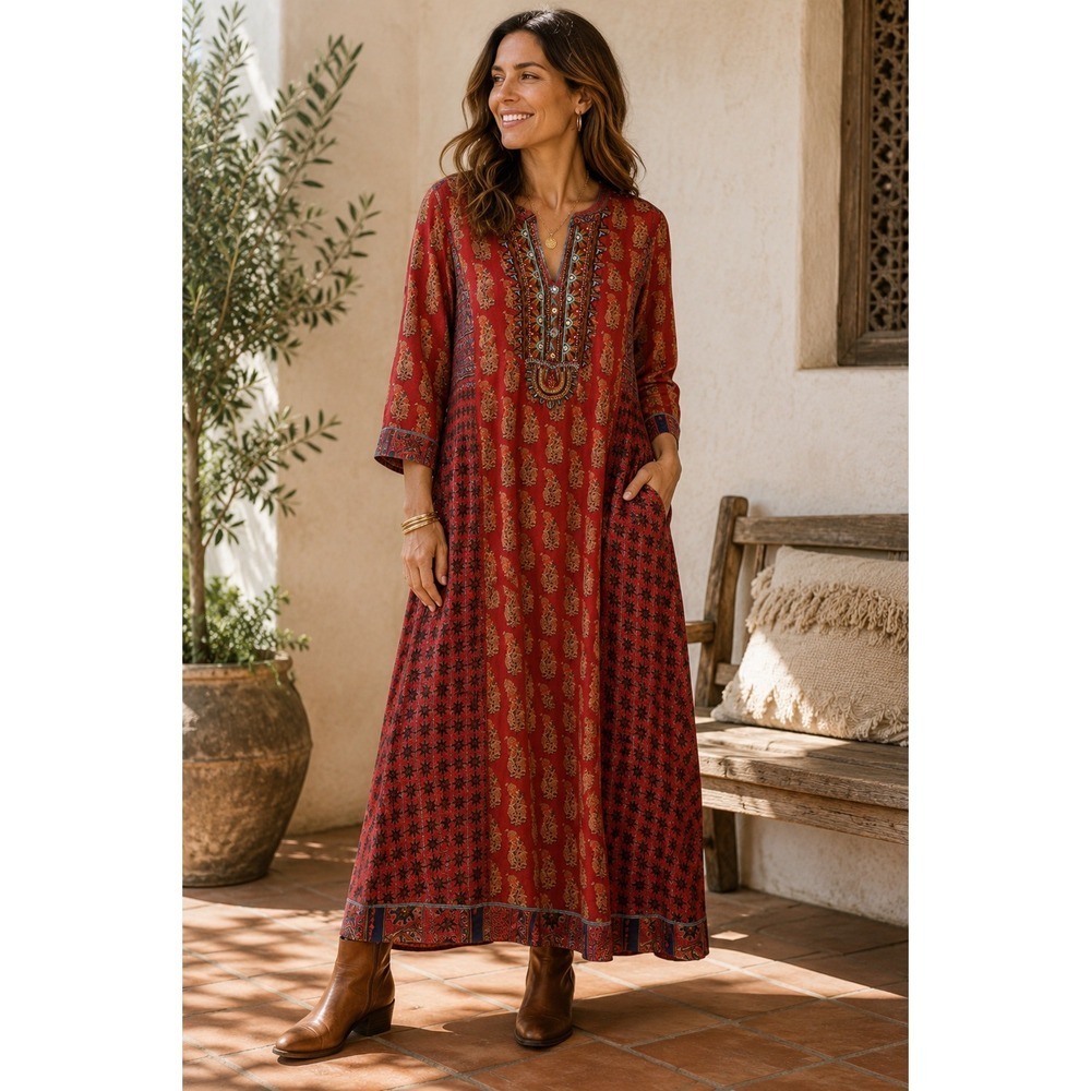 Soft Surroundings Red Boho Maxi Dress S Embellished Beaded 3/4 Sleeve Rayon